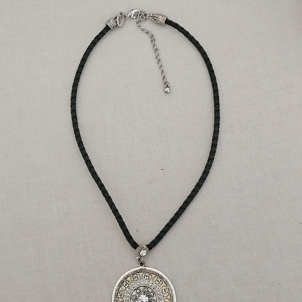 Lia Sophia Silver Medallion Necklace on Black Cord